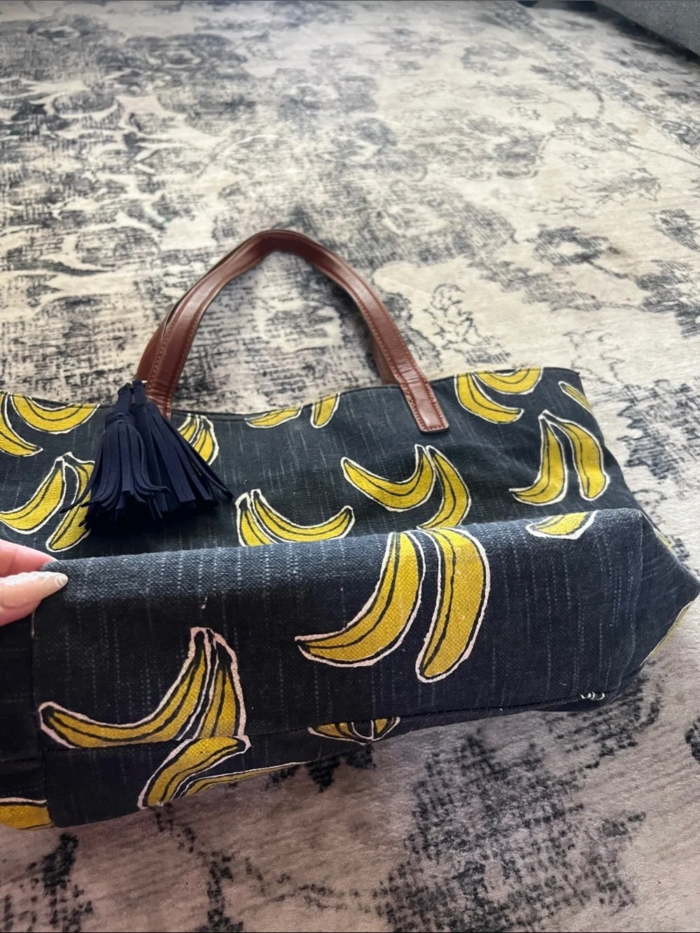 Lucky Brand Navy Denim Tote with Yellow Banana Print and Brown Handles